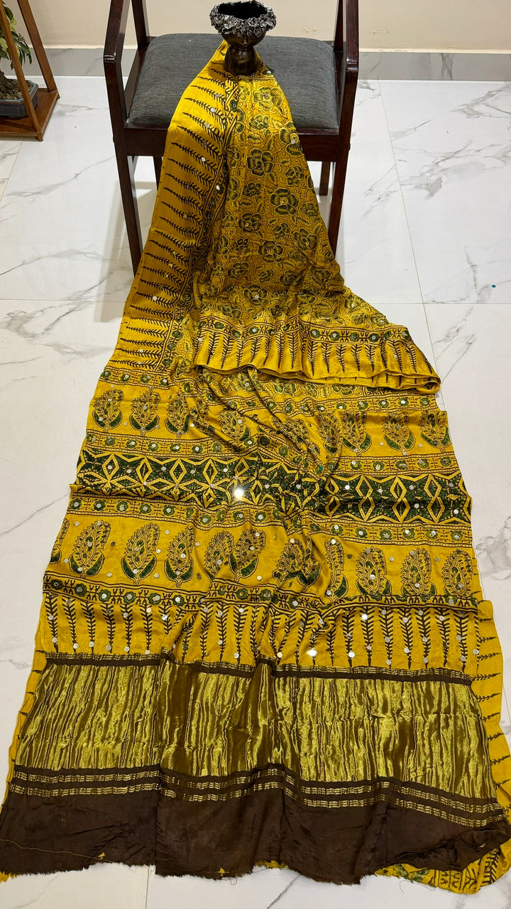 Mustard Yellow Ajrakh Hand Block Printed Modal Silk Saree with Mirror Accents