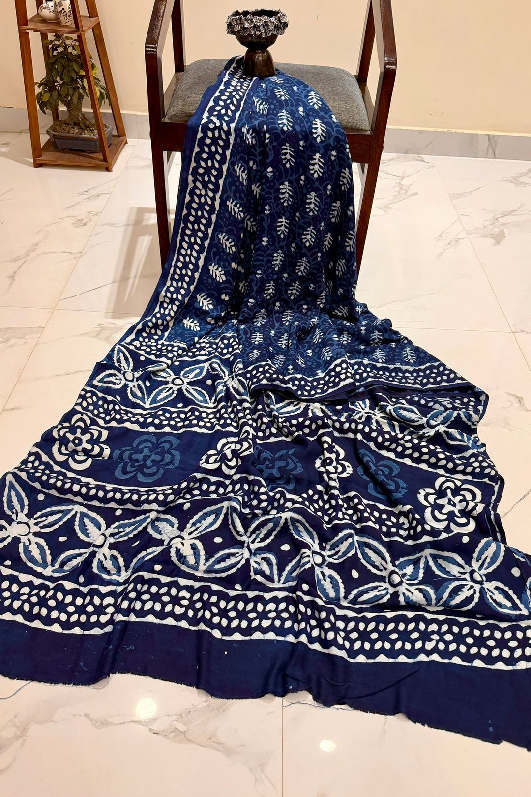 Indigo Blue Dabu Handblock Printed Pure Modal Silk Saree