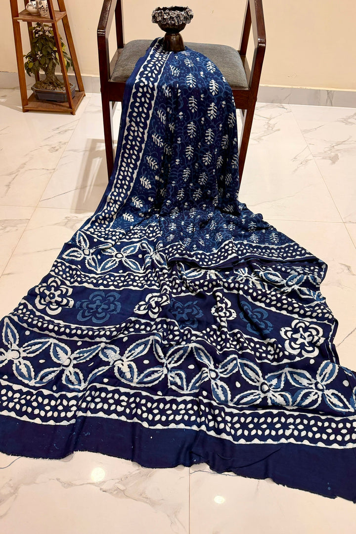 Indigo Blue Dabu Handblock Printed Pure Modal Silk Saree