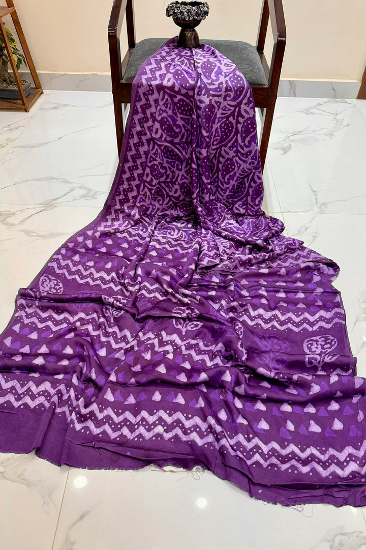 Royal Purple Dabu Print Modal Silk Saree with Geometric Patterns
