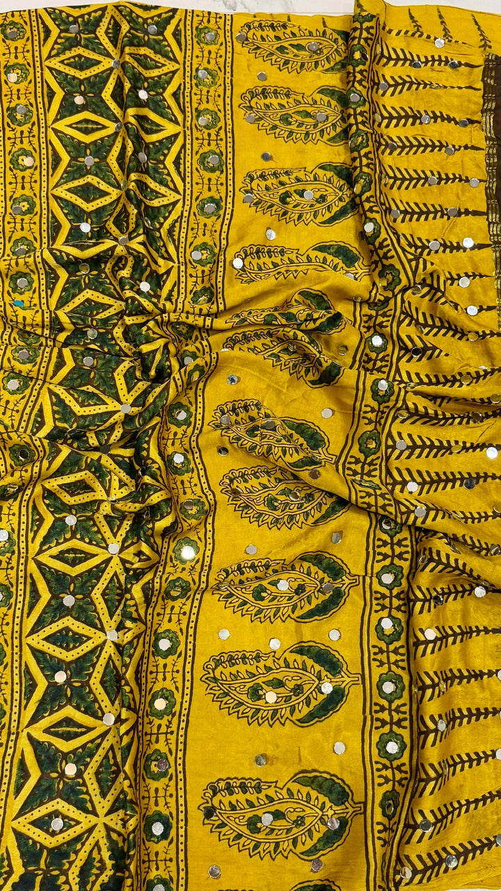 Mustard Yellow Ajrakh Hand Block Printed Modal Silk Saree with Mirror Accents