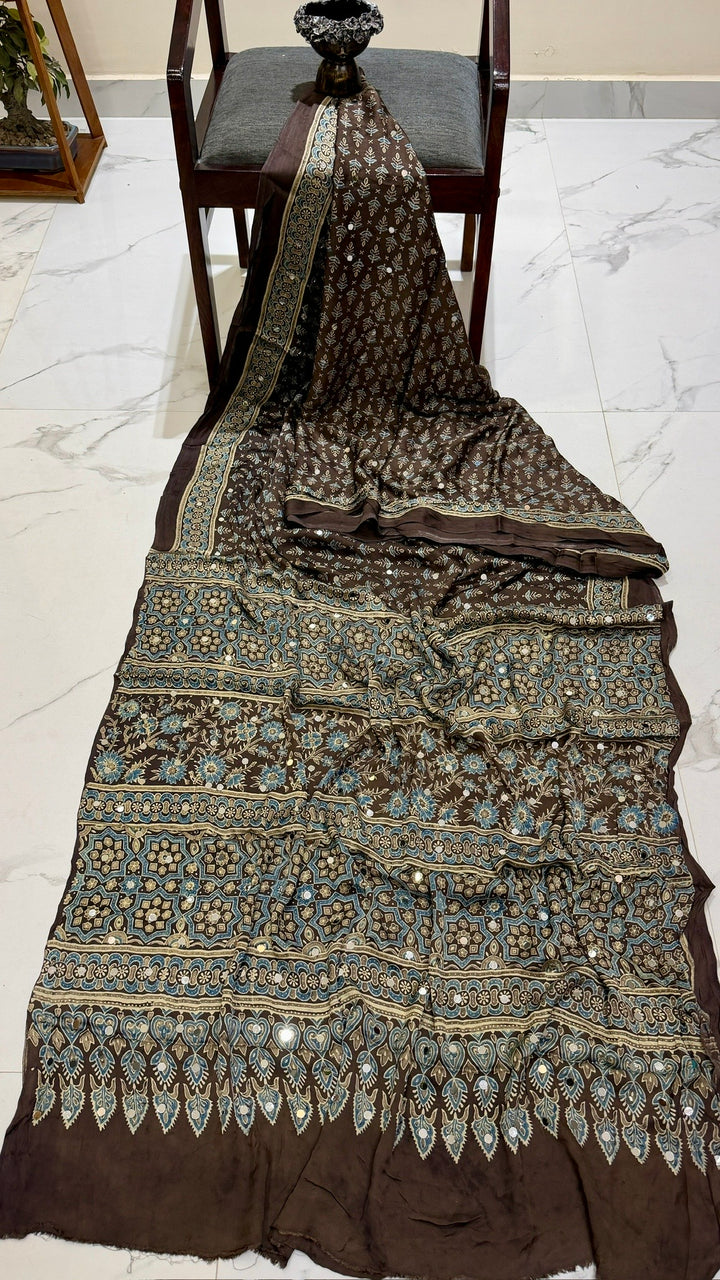 Cocoa Brown & Slate Blue Authentic Ajrakh Hand Block Printed Modal Silk Saree