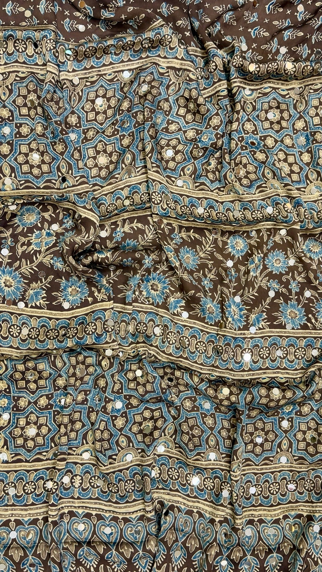 Cocoa Brown & Slate Blue Authentic Ajrakh Hand Block Printed Modal Silk Saree