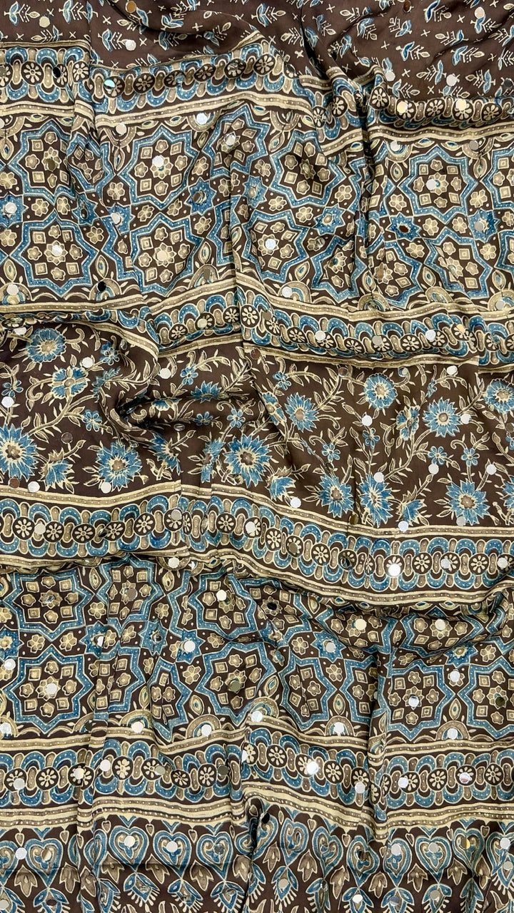 Cocoa Brown & Slate Blue Authentic Ajrakh Hand Block Printed Modal Silk Saree