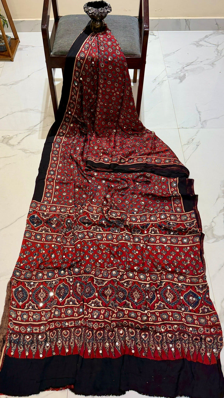Heritage Maroon Ajrakh Hand Block Printed Modal Silk Saree with Mirror Work