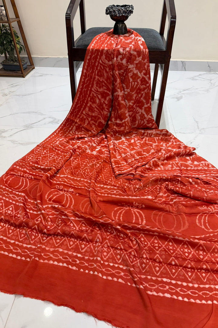 Rust Orange Dabu Handblock Printed Modal Silk Saree