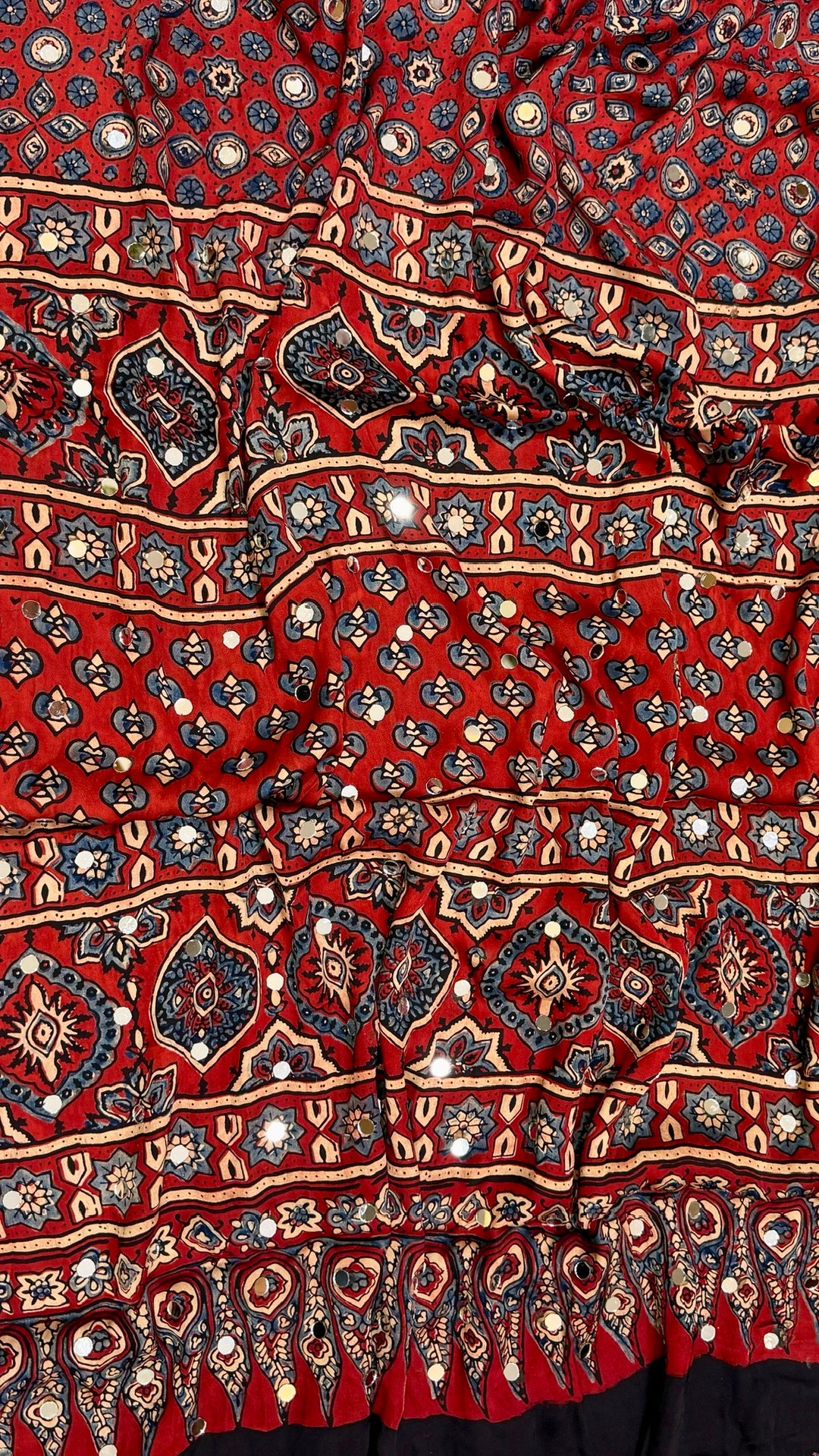 Heritage Maroon Ajrakh Hand Block Printed Modal Silk Saree with Mirror Work