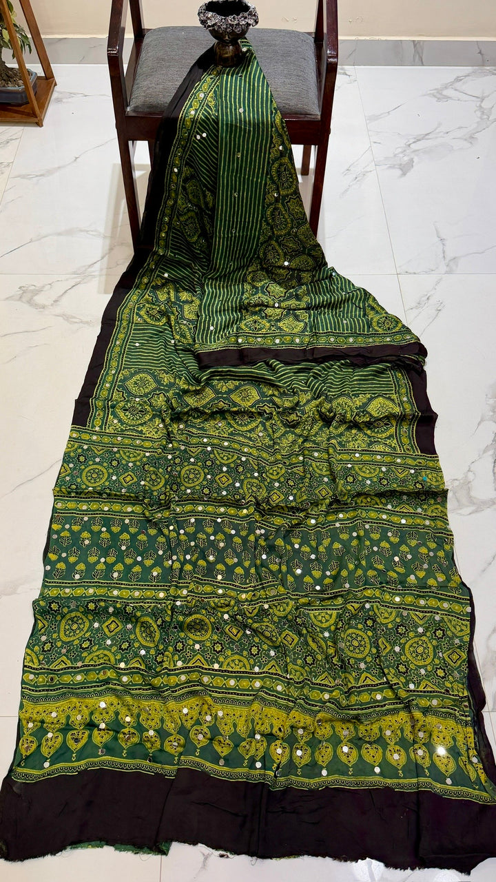 Emerald & Lime Green Ajrakh Hand Block Printed Modal Silk Saree with Mirrors