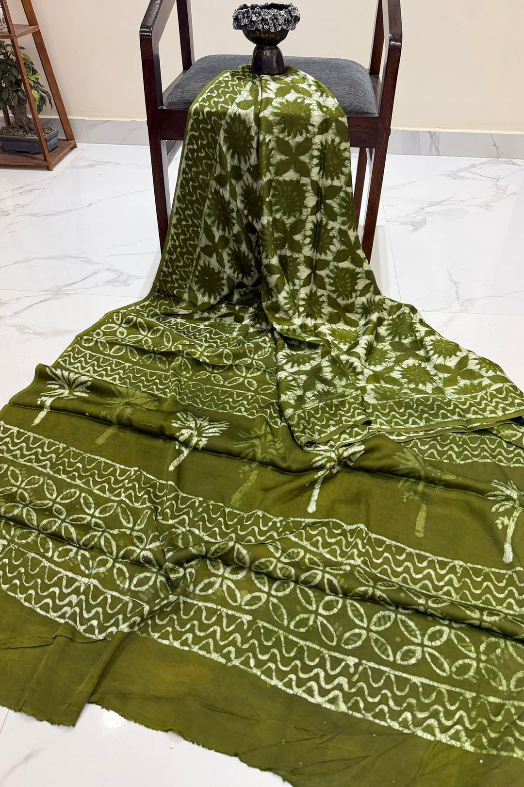 Olive Green Floral Dabu Print Modal Silk Saree