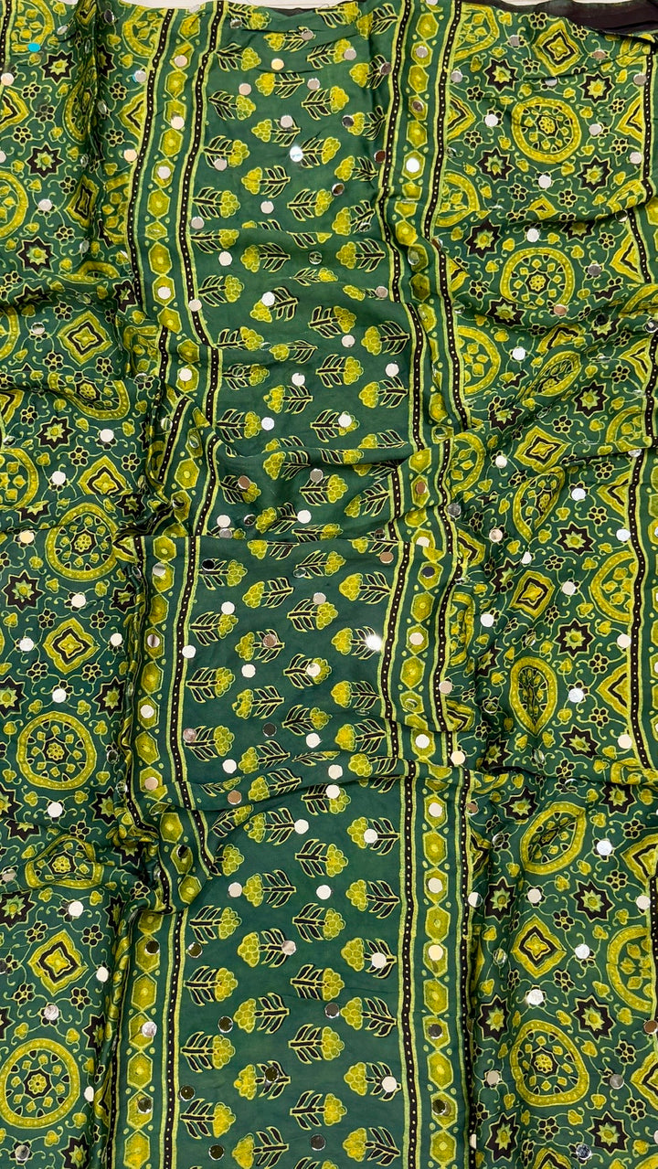 Emerald & Lime Green Ajrakh Hand Block Printed Modal Silk Saree with Mirrors