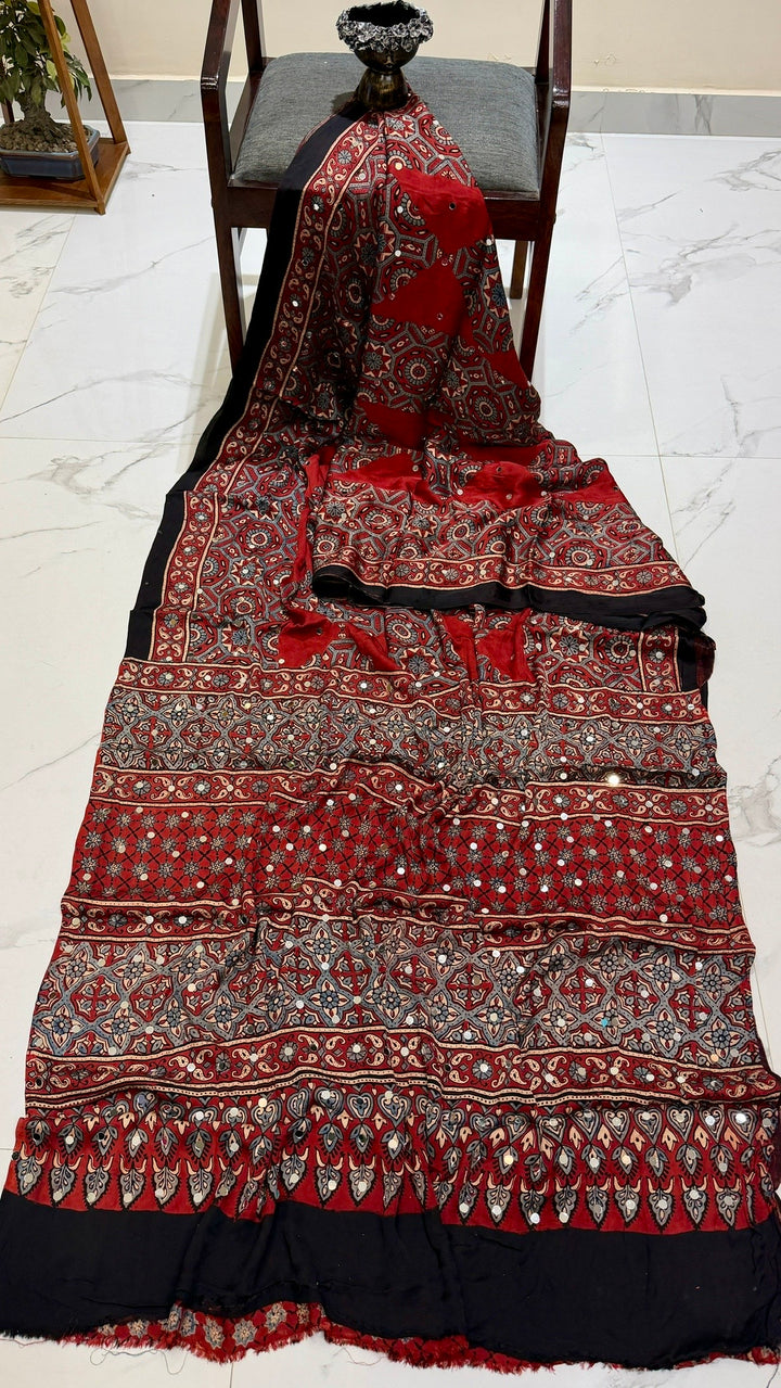Traditional Rust Red Ajrakh Hand Block Printed Modal Silk Saree with Mirror Work