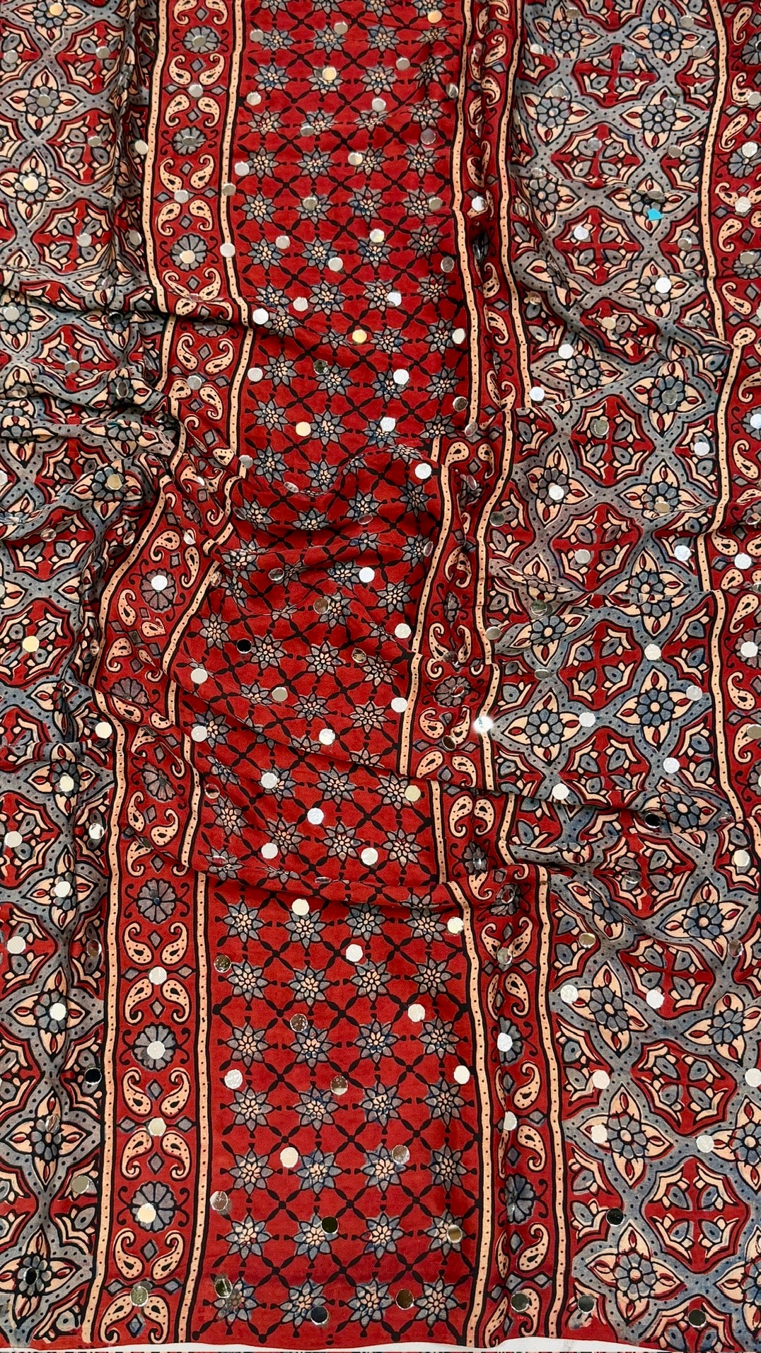 Traditional Rust Red Ajrakh Hand Block Printed Modal Silk Saree with Mirror Work