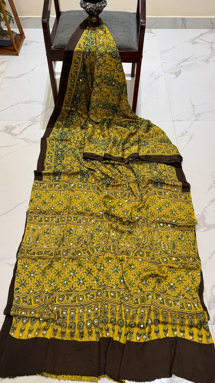 Canary Mustard Ajrakh Hand Block Printed Modal Silk Saree with Mirror Embellishments