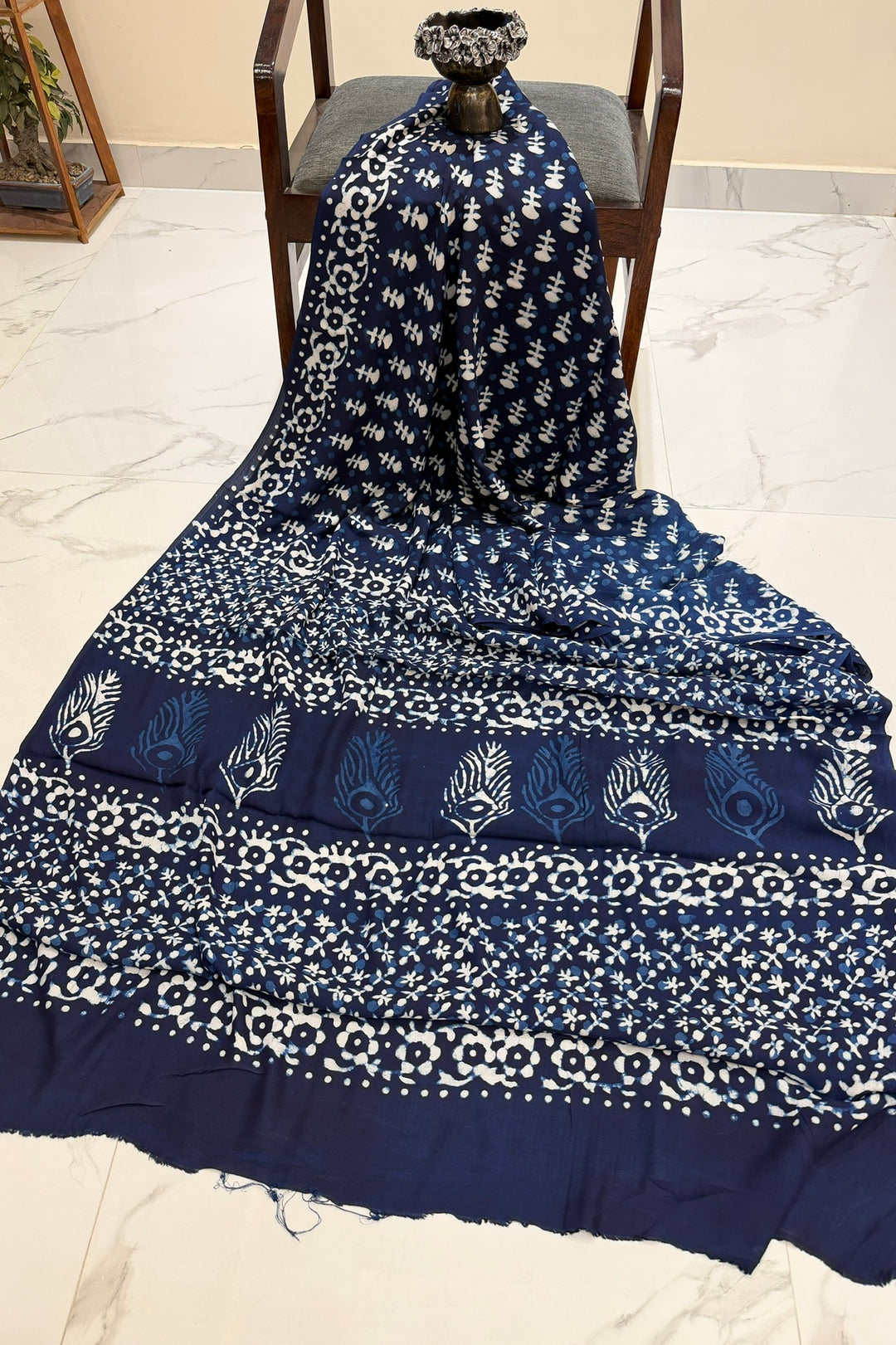 Indigo Dabu Print Modal Silk Saree with Peacock Motif Pallu