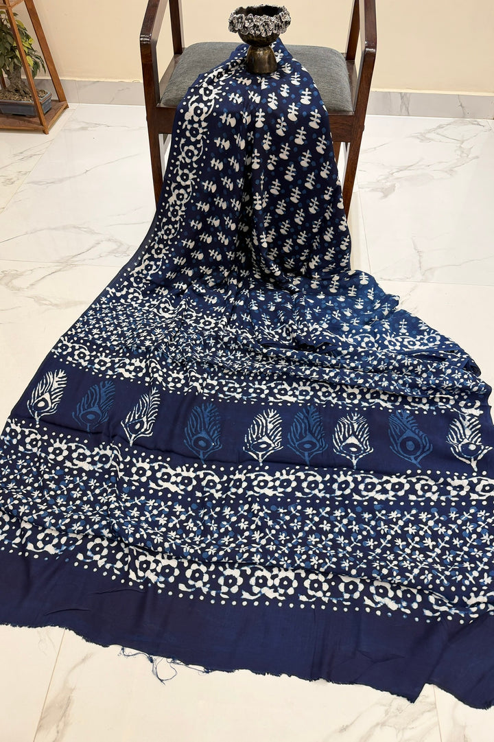 Indigo Dabu Print Modal Silk Saree with Peacock Motif Pallu