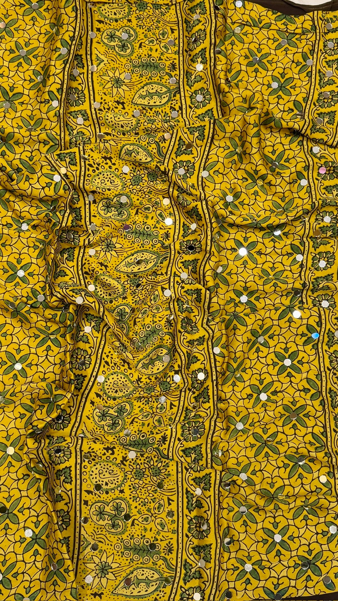 Canary Mustard Ajrakh Hand Block Printed Modal Silk Saree with Mirror Embellishments