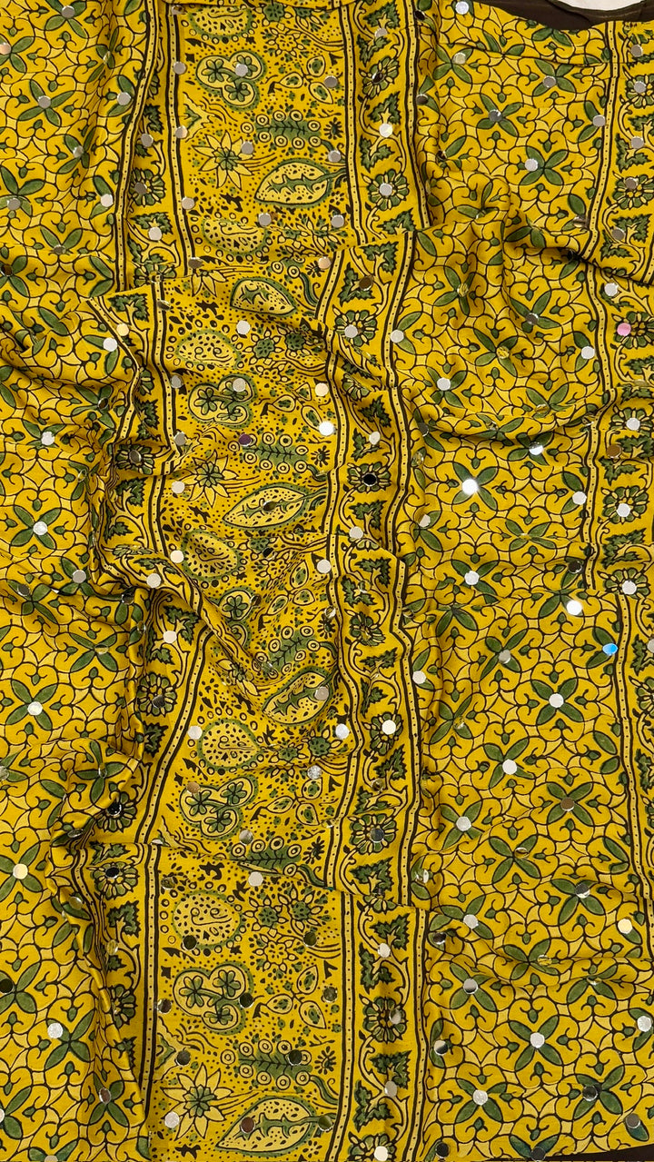 Canary Mustard Ajrakh Hand Block Printed Modal Silk Saree with Mirror Embellishments