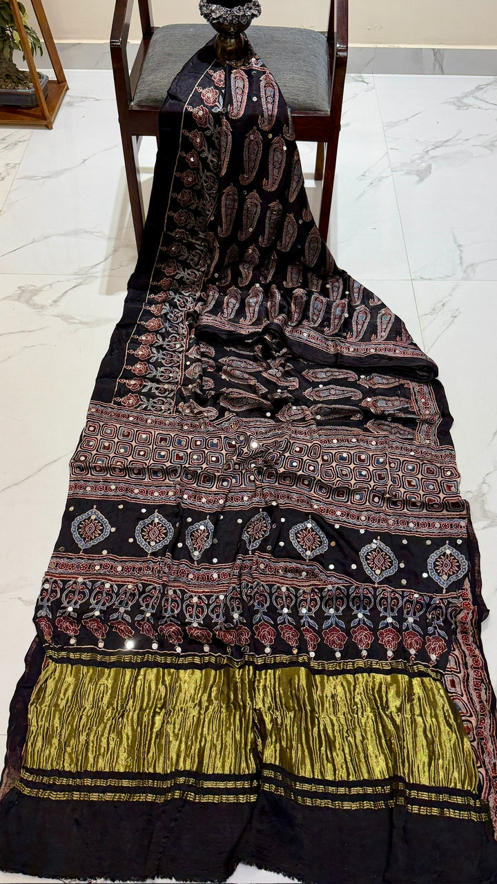Midnight Black Paisley Ajrakh Hand Block Printed Modal Silk Saree with Mirror Work