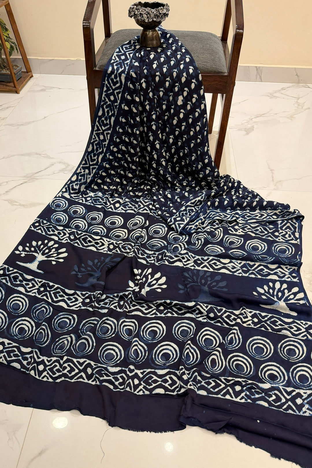 Navy Blue Dabu Handblock Modal Silk Saree with Tree of Life Motif