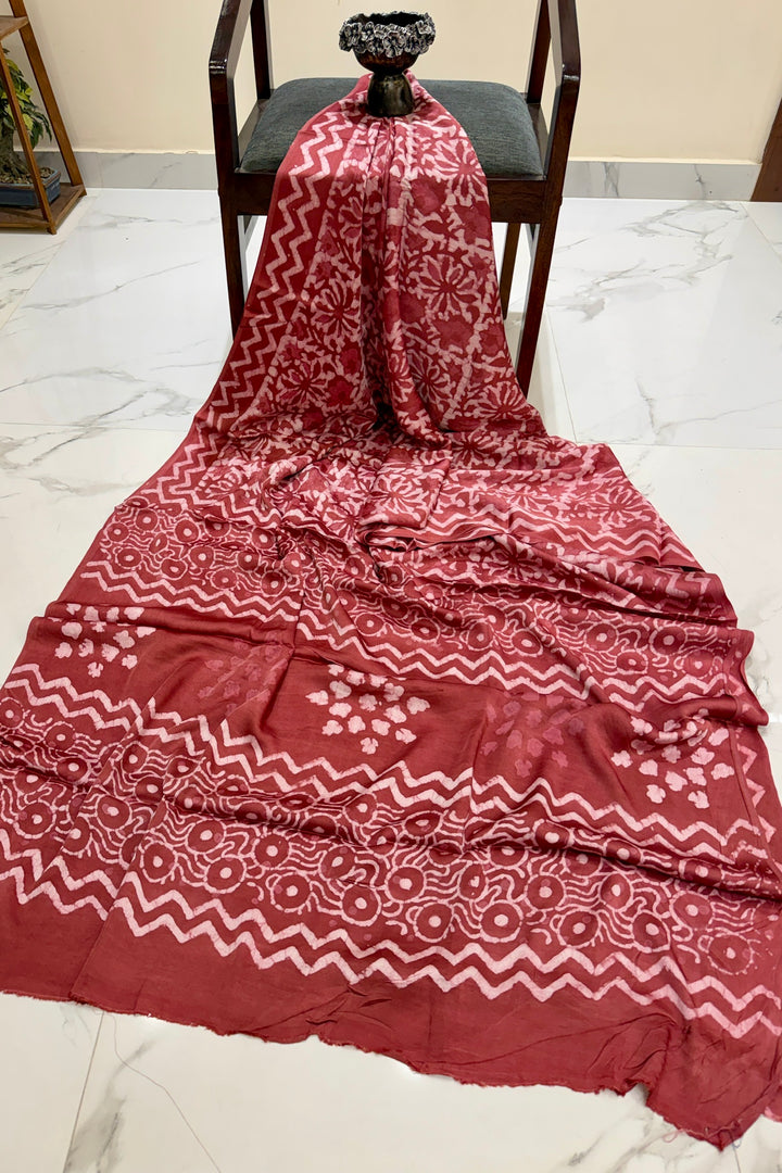 Deep Maroon Dabu Handblock Printed Pure Modal Silk Saree