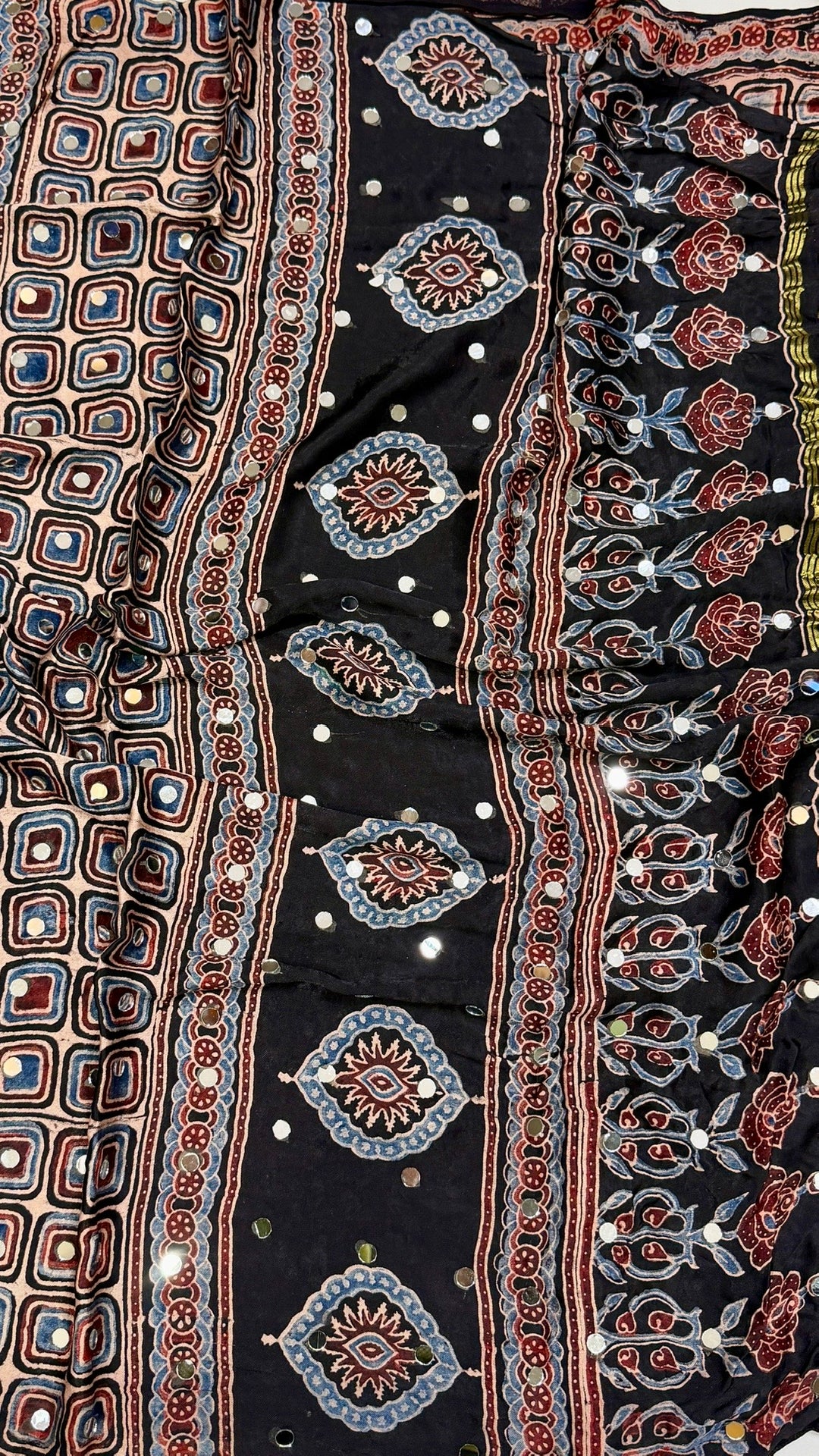 Midnight Black Paisley Ajrakh Hand Block Printed Modal Silk Saree with Mirror Work