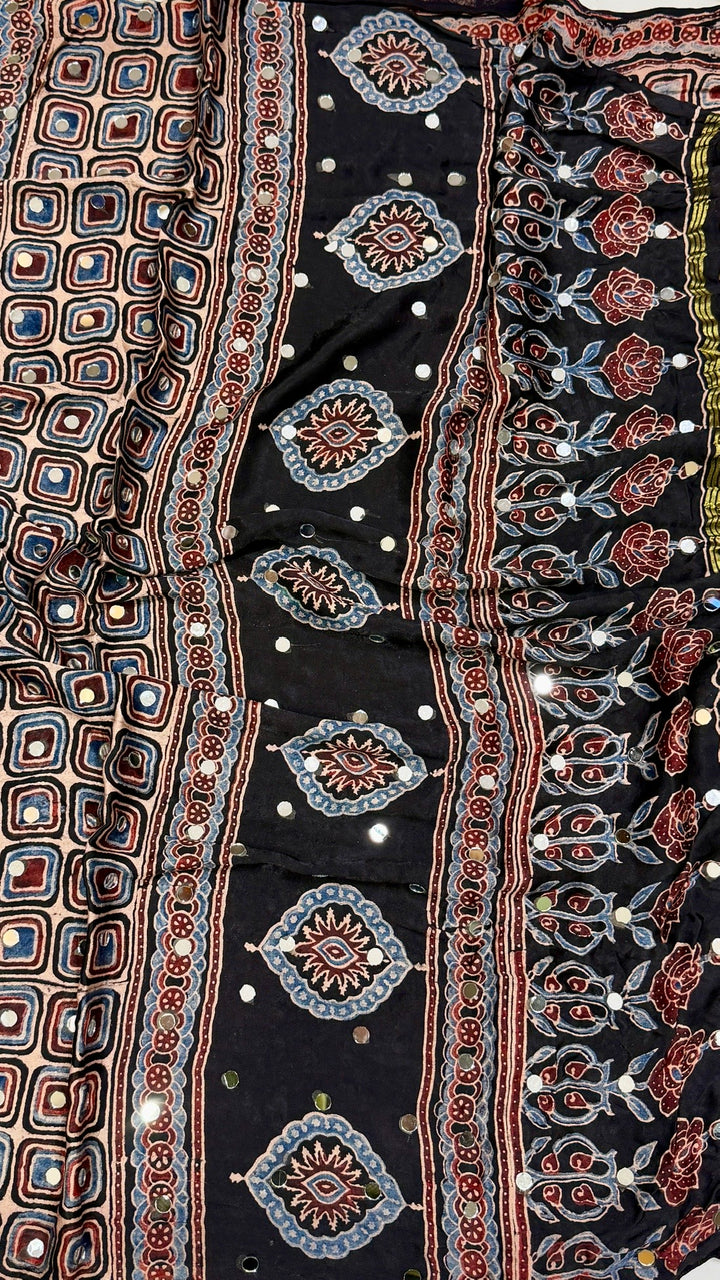 Midnight Black Paisley Ajrakh Hand Block Printed Modal Silk Saree with Mirror Work