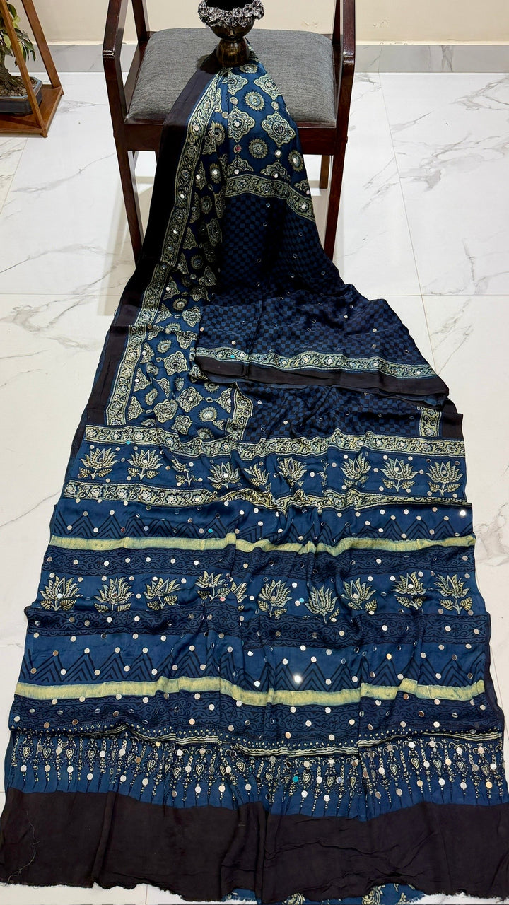 Midnight Indigo Ajrakh Hand Block Printed Modal Silk Saree with Mirror Work