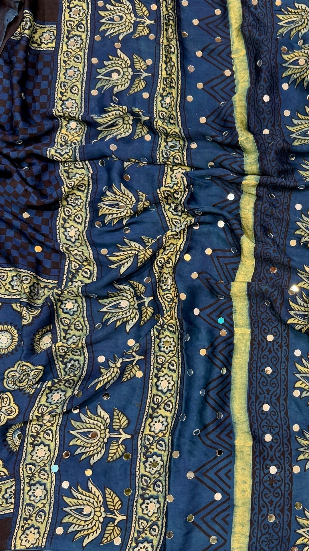 Midnight Indigo Ajrakh Hand Block Printed Modal Silk Saree with Mirror Work