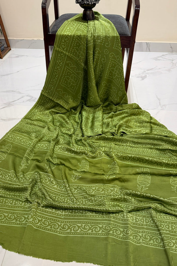 Mehandi Green Bandhej Print Modal Silk Saree with Traditional Border
