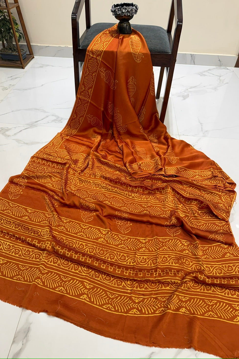 Mustard Rust Modal Silk Saree featuring Traditional Kalamkari Style Prints