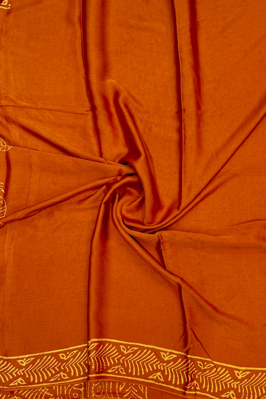 Mustard Rust Modal Silk Saree featuring Traditional Kalamkari Style Prints