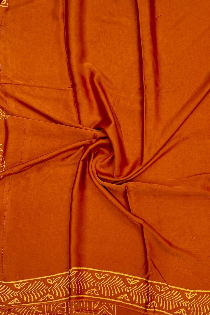Mustard Rust Modal Silk Saree featuring Traditional Kalamkari Style Prints
