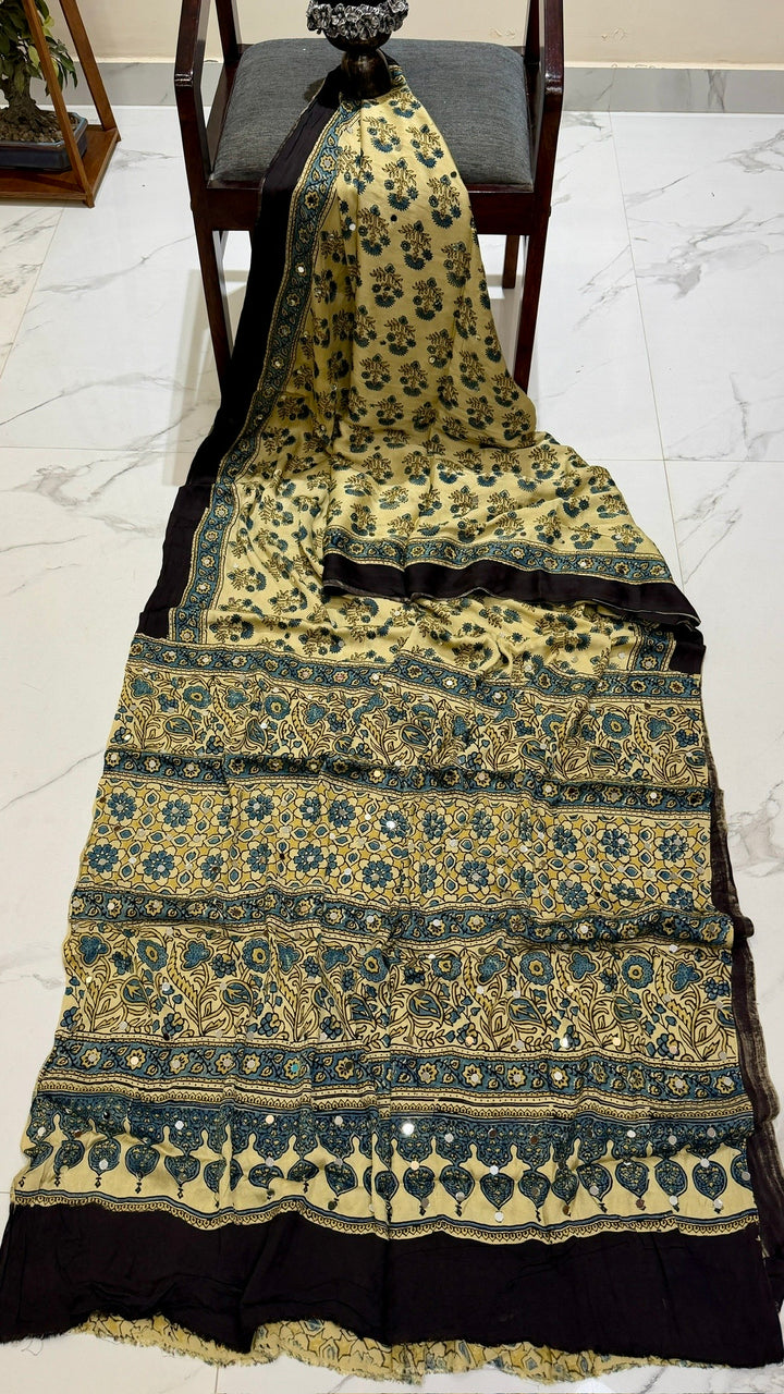 Desert Sand Ajrakh Floral Hand Block Printed Modal Silk Saree with Mirrors