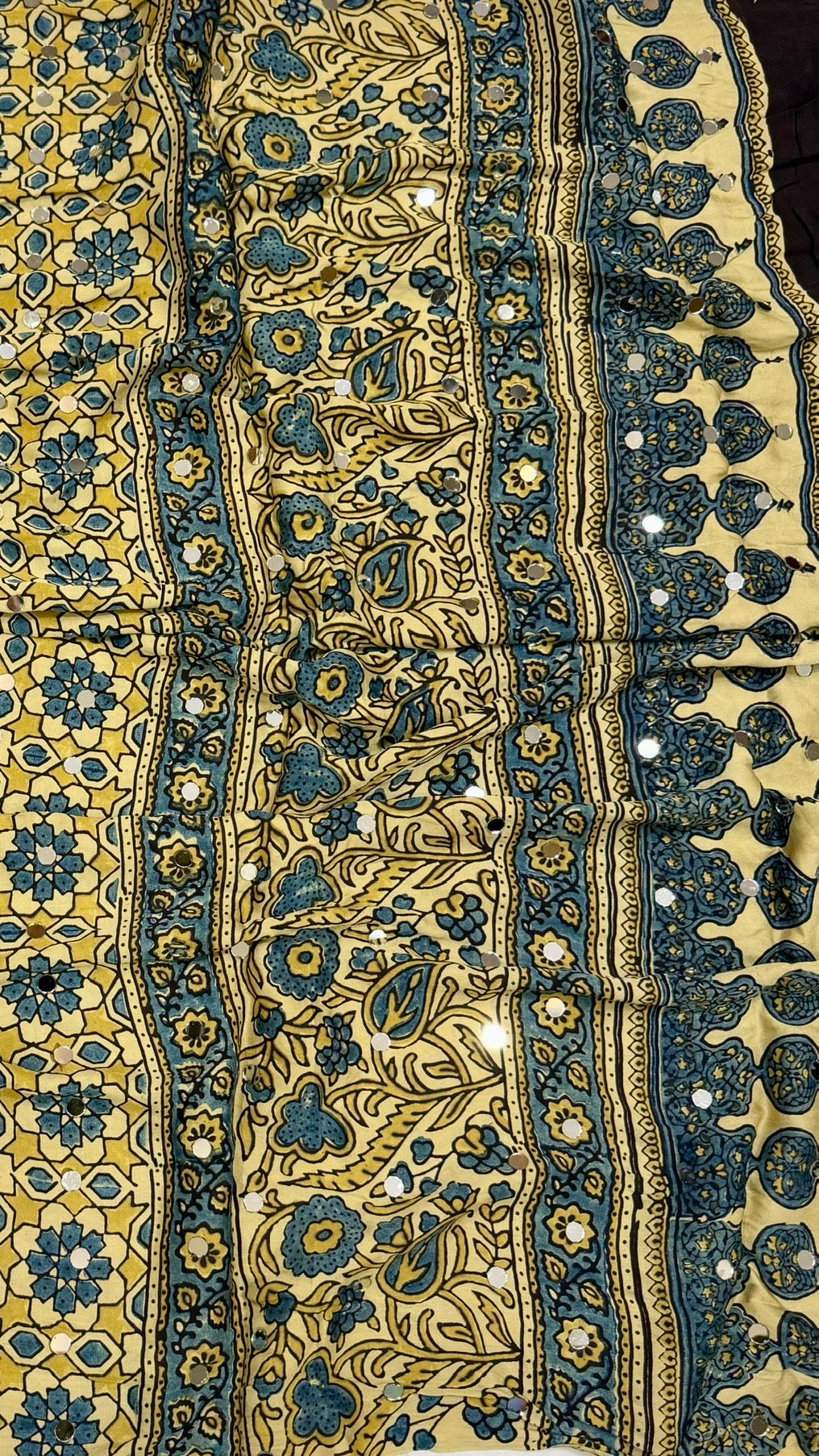 Desert Sand Ajrakh Floral Hand Block Printed Modal Silk Saree with Mirrors