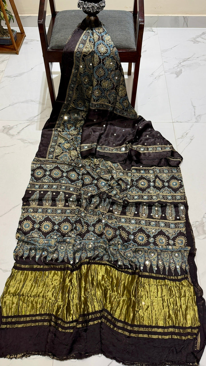 Charcoal Black Ajrakh Medallion Block Printed Modal Silk Saree with Olive Pallu