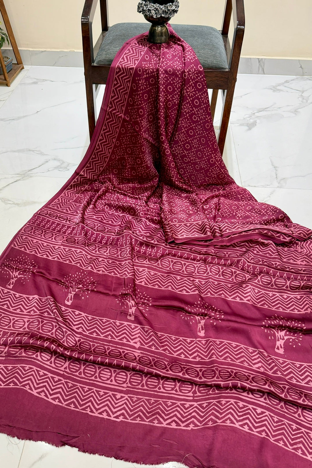 Elegant Wine Color Dabu Print Modal Silk Saree with Tree Motifs