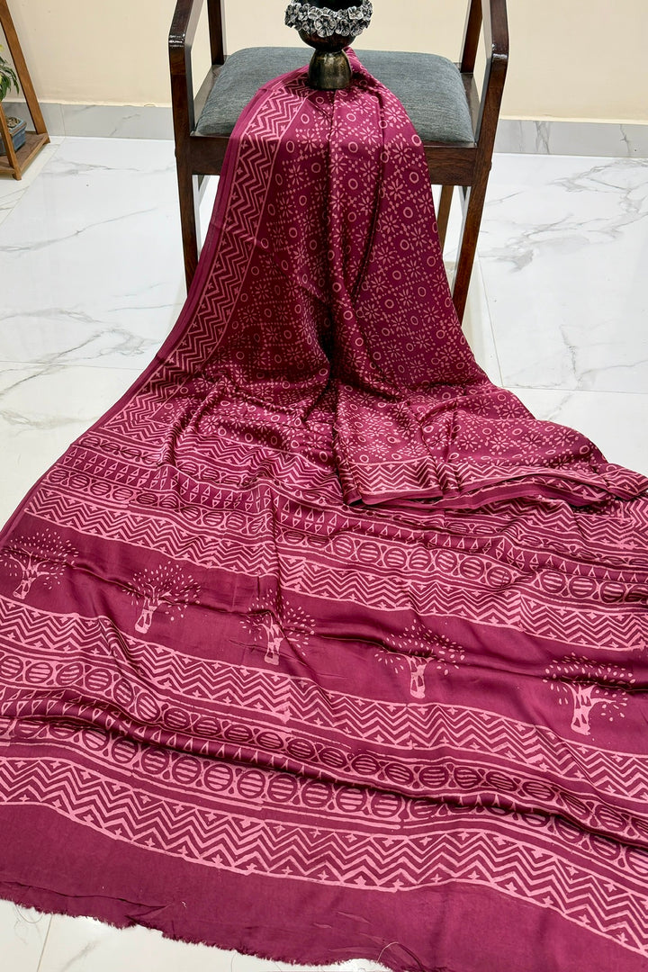 Elegant Wine Color Dabu Print Modal Silk Saree with Tree Motifs