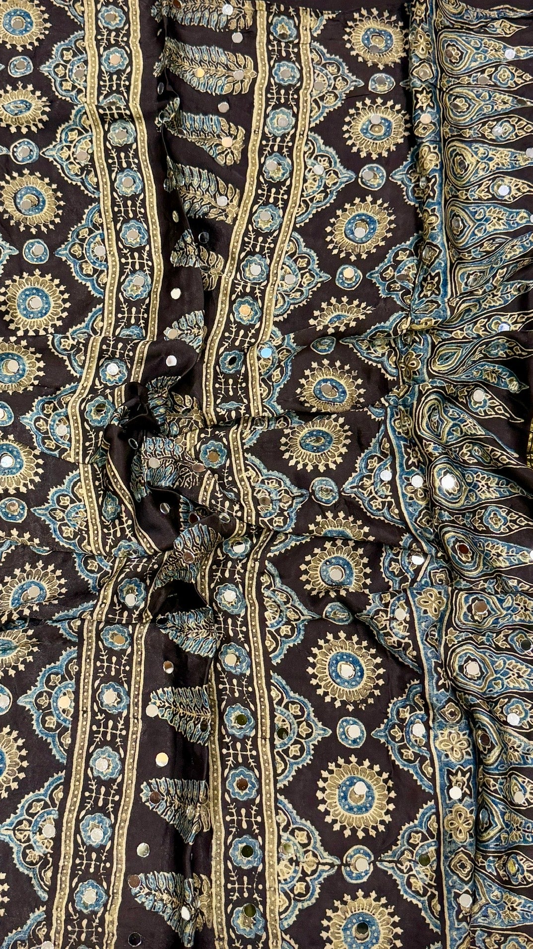 Charcoal Black Ajrakh Medallion Block Printed Modal Silk Saree with Olive Pallu