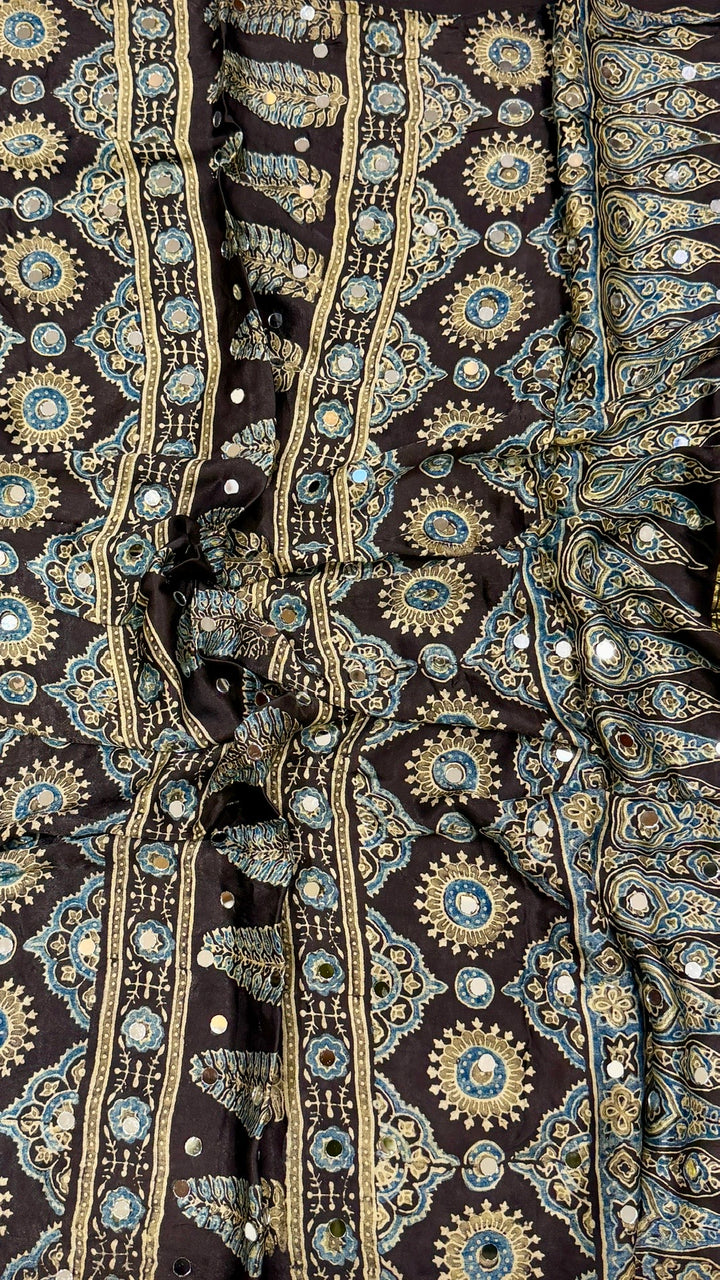 Charcoal Black Ajrakh Medallion Block Printed Modal Silk Saree with Olive Pallu