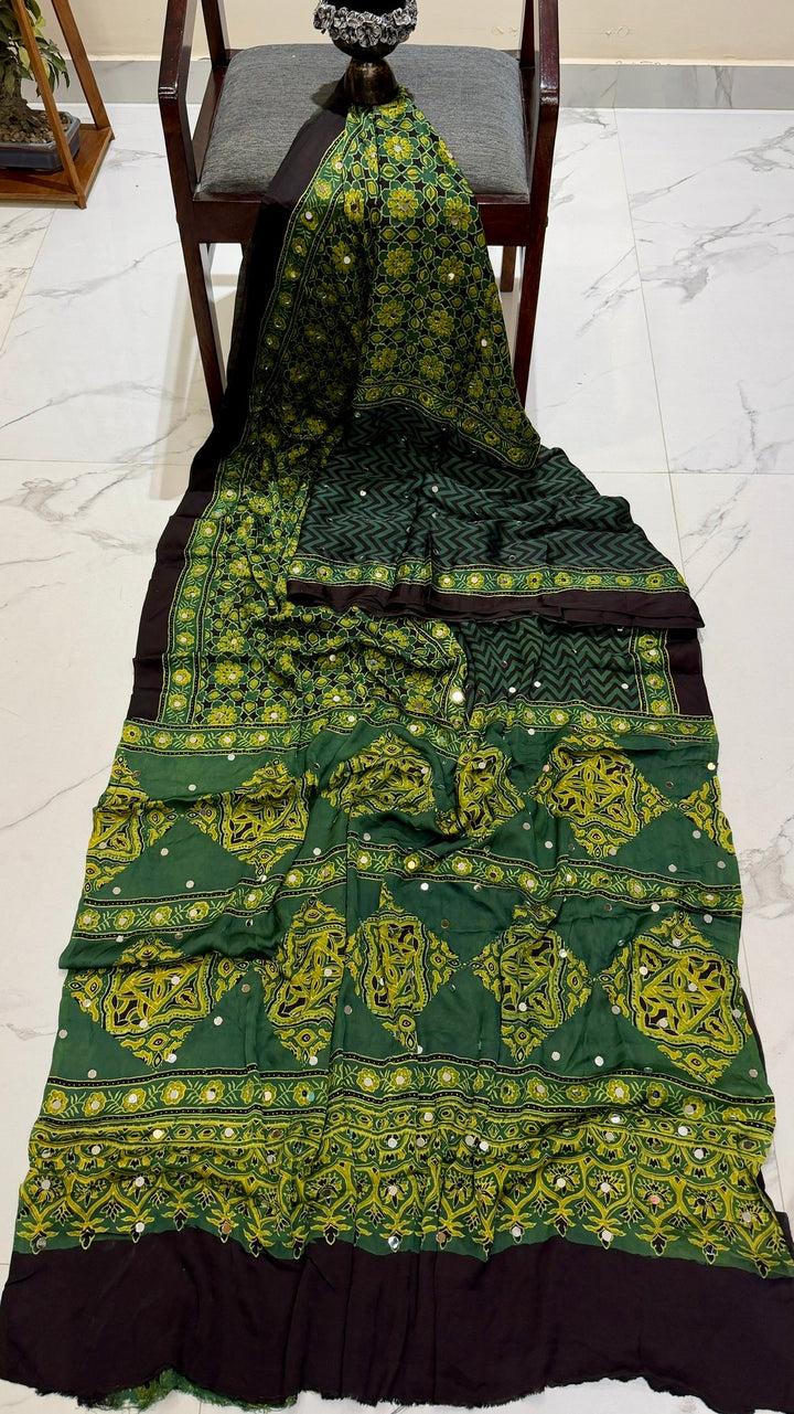 Forest Green Ajrakh Hand Block Printed Modal Silk Saree with Traditional Motifs