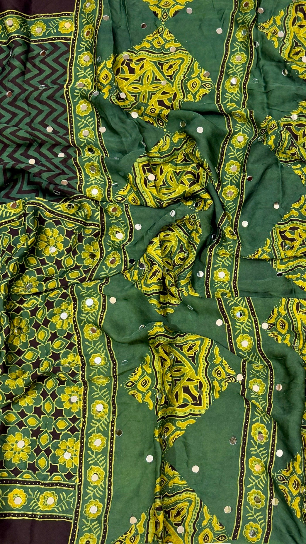 Forest Green Ajrakh Hand Block Printed Modal Silk Saree with Traditional Motifs