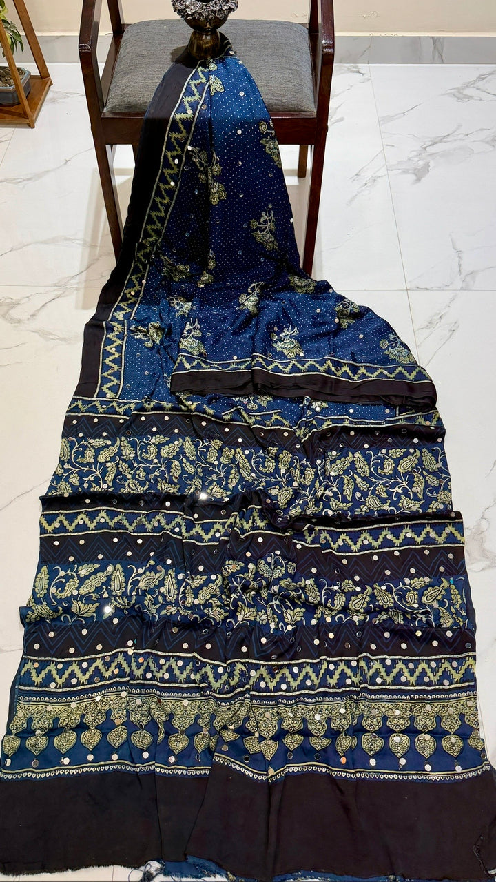 Royal Blue Ajrakh Paisley Hand Block Printed Modal Silk Saree with Mirror Accents