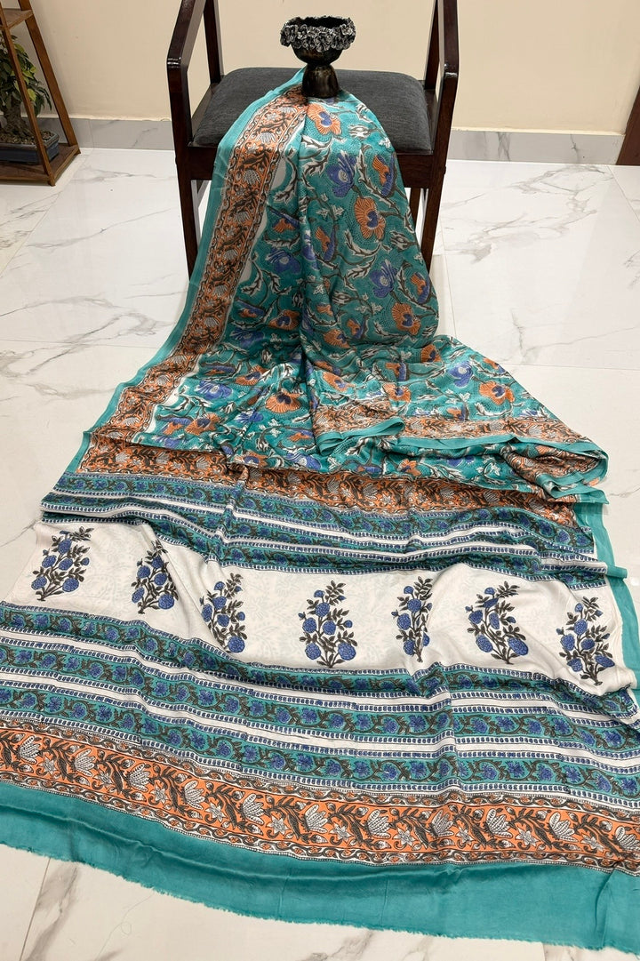 Sea Green & White Floral Sanganeri Print Modal Silk Saree