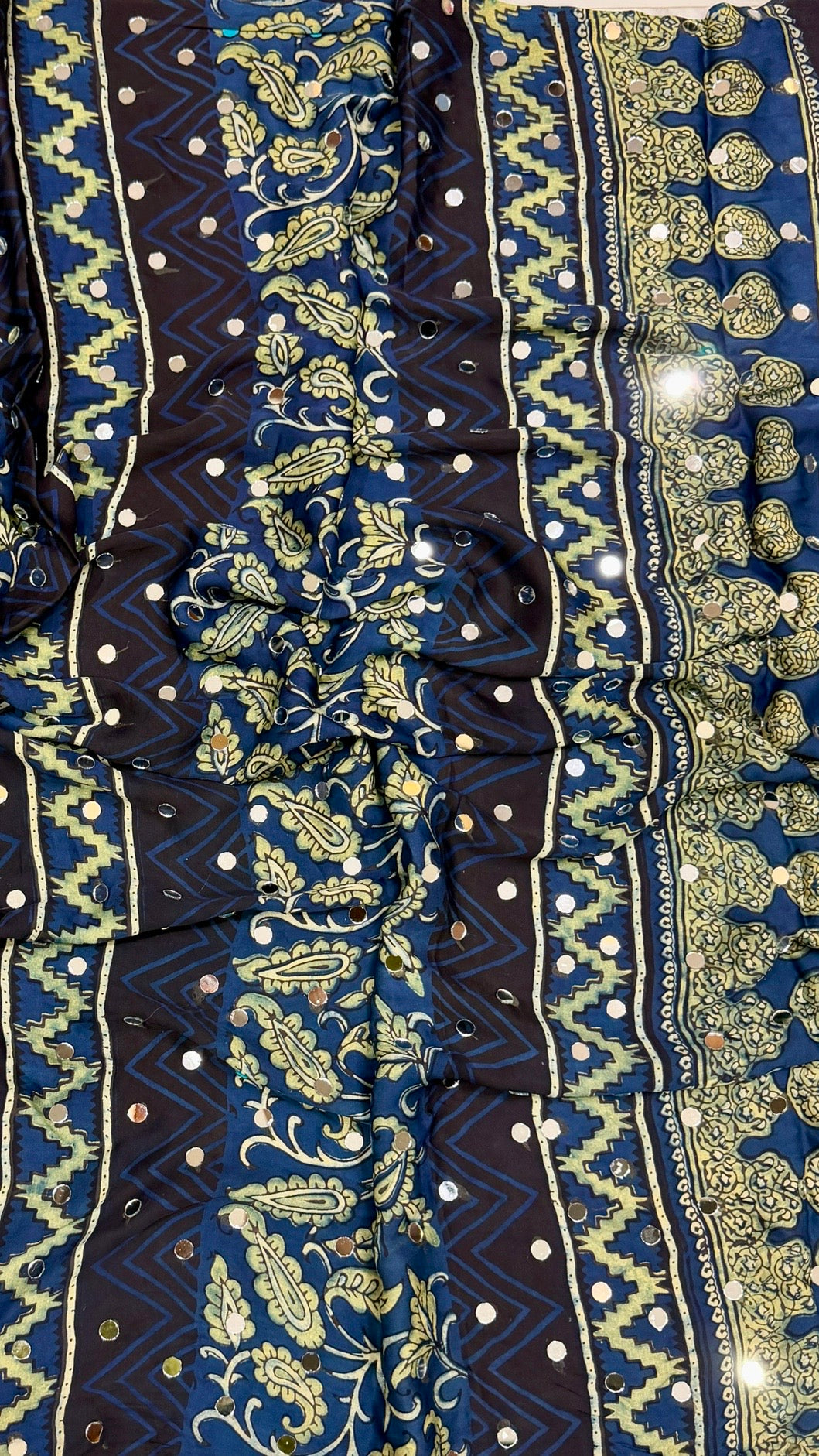 Royal Blue Ajrakh Paisley Hand Block Printed Modal Silk Saree with Mirror Accents