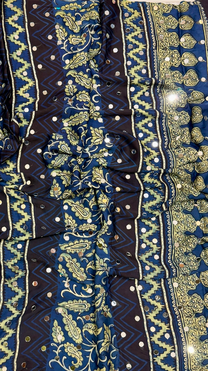 Royal Blue Ajrakh Paisley Hand Block Printed Modal Silk Saree with Mirror Accents