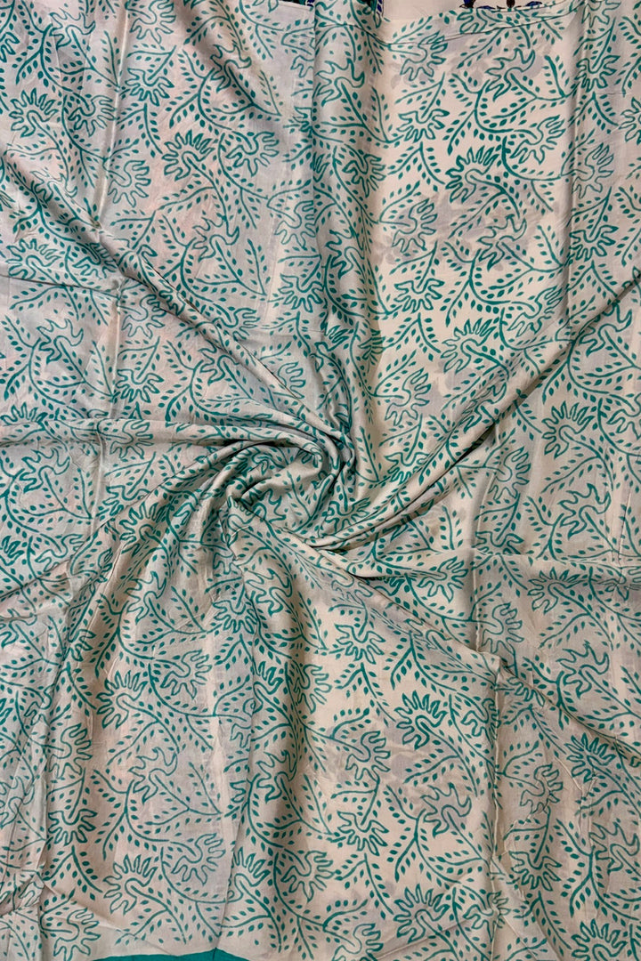 Sea Green & White Floral Sanganeri Print Modal Silk Saree