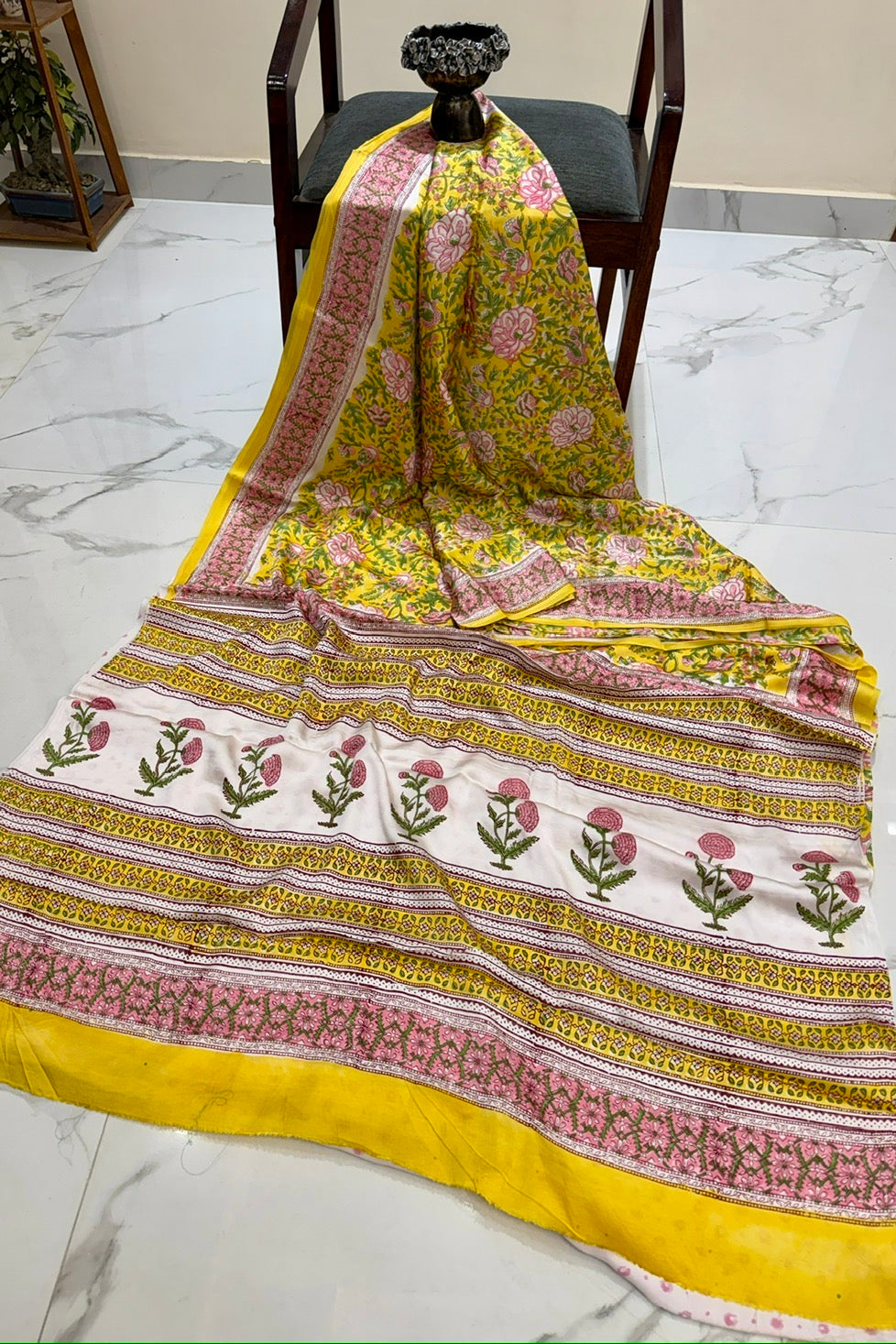 Sunshine Yellow Floral Block Print Modal Silk Saree with Contrast Border