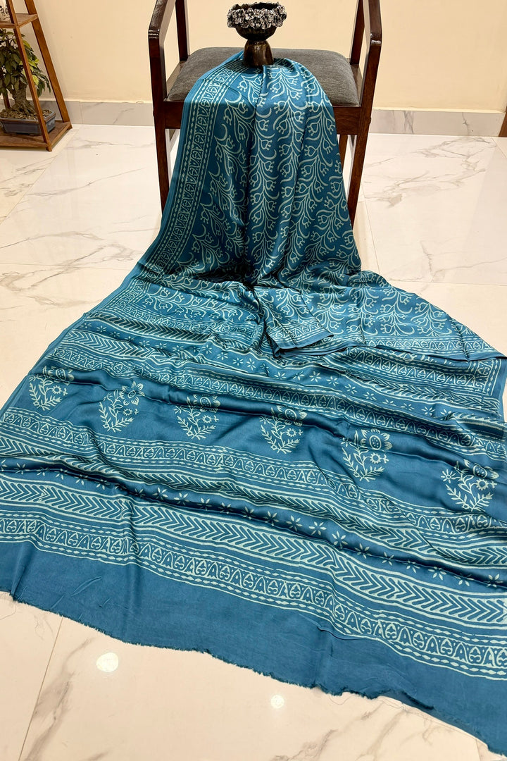 Teal Blue Modal Silk Saree with Intricate Jaal Handblock Print