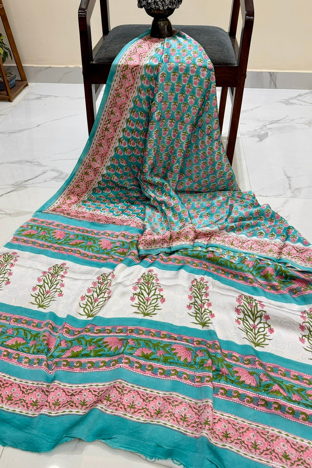 Turquoise Blue & Pink Floral Butti Handblock Printed Modal Silk Saree