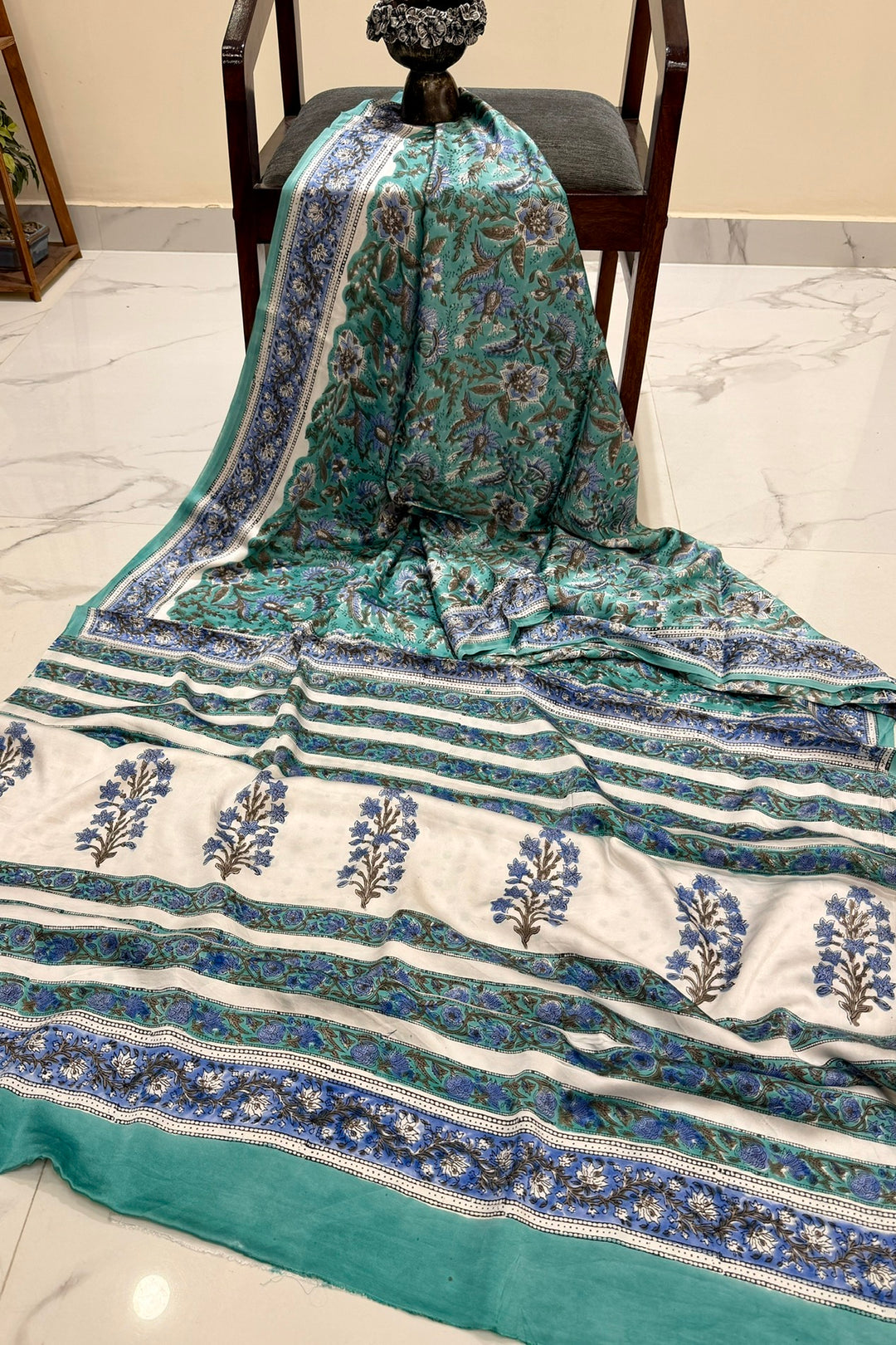 Aqua Blue Floral Garden Print Modal Silk Saree with Designer Pallu